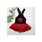 velmorafashion 2-3-4 Yaş Fiyonklu Düğme Detaylı Tül Etek Kot Kumaş Salopet Kız Çocuk Elbisesi Siyah-kırmızı