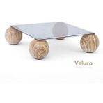 Velura Home & Living Modern Orta Sehpa & Küre Sehpa & Top Sehpa & Füme Kare Cam & 4 Traverten Top - Traverten Mermer - Kare Füme