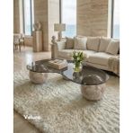 Velura Home & Living Modern Orta Sehpa & Top Sehpa Cam Sehpa & Küre Orta Sehpa - Pleks Mermer Desen Top - Fasulye - Füme Cam - Pleks Mermer - Fasulye Füme