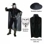Vendetta Kostüm Seti – Şapka Maske Pelerin (120 Cm)