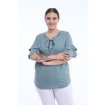 Venidra Lir Kadın Büyük Beden Volanlı Kol Bluz Yeşil L2319