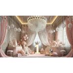 Venspor Kristal Avize ve Pembe Dekorasyonlarla Süslenmiş Lüks Bebek Partisi Stüdyo Arkaplanı - Profesyonel Fotoğrafçılık Fonu 200X150CM Arka Plan