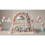 Venspor Pastel Renklerde Dondurma Arabası ve Balonlar ile Şirin ve Renkli Stüdyo Arkaplanı - Profesyonel Fotoğrafçılık Fonu 200X150CM Arka Plan - 200 x 150