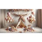 Venspor Pastel Renkli Çiçek ve Balonlarla Süslenmiş Çadır Arkaplan 200 x 150 cm Fon Duvar Örtüsü