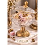 Ventoze Modern Saray Serisi Metal Ayaklı Kristal Cam Şekerlik | Gold Detaylı Dekoratif Lokumluk Sunumluk - 22 cm