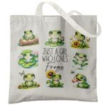 Veqzc Komik Kurbağa Kanvas Tote Çanta, Kurbağaları Seven Bir Kız Tote Çanta, Alışveriş Pazarı Çalışmaları İçin Karikatür Kurbağa Lover Tuval Çantası, Kurbağa Lover Hediyeleri İçin Tuval Omuz Çantası,
