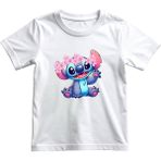Veracraft Stitch Çiçek Taçlı Çocuk Tişört - %100 Pamuklu Beyaz Bisiklet Yaka Kısa Kollu T-Shirt - 8 Yaş