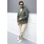 Verde Dokulu Gofre Kumaş Italyan Stil Slim Fit Kruvaze Erkek Ceket Haki - 48