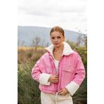 VerdeBlanco Kürklü Peluş Yaka Kot Mont Pembe