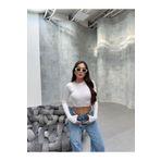veres Kadın Beyaz Pamuklu Uzun Kollu Bisiklet Yaka Basic Crop Bluz