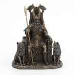 Veronese Design Kurtlarla Tahtta Oturan 8 5/8 İnç Odin Reçine Heykel Bronz Kaplama Viking Dekor Heykeli