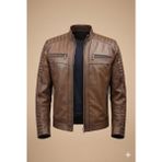 VERRA Hakiki Deri Kahverengi Eskitme Biker Erkek Mont - Kapitoneli Slim Fit Deri Ceket - 3XL