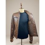VERRA Hakiki Deri Kahverengi Eskitme Biker Erkek Mont - Kapitoneli Slim Fit Deri Ceket