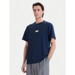Versace Erkek Metalik Logo Desenli Normal Kalıp Yuvarlak Yakalı Pamuklu Kısa Kollu Mavi-Gold T-Shirt 80GAHT05 CJ00T-G83 - 3XL