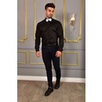 VERSANTE Erkek Siyah Ata Yaka Pamuk Saten Slim Fit Gömlek