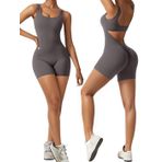 Vertvie Kadınlar için tulumlar seksi Backless tek parça tulum şort kolsuz karın kontrolü V geri Scrunch Bodycon Romper, Gri, L