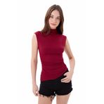 vesantia Bordo Dik Yaka Kısa Kollu Büzgü/Drape Detaylı Fitted/Vücuda Oturan Asimetrik Örme Bluz