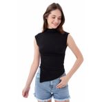 vesantia Siyah Dik Yaka Kısa Kollu Büzgü/drape Detaylı Fitted/vücuda Oturan Asimetrik Örme Bluz