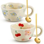 Vesici 2 Adet Seramik Kahve Kupaları Kaşıklı Çiçek Kupaları Vintage Çiçekli Kupalar Saplı 8.5 oz Sevimli Estetik Çay Porselen Kupası Ofis Ev, Bulaşık Makinesi ve Mikrodalgada Güvenli (Güzel)