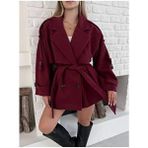 Vess Moda Kadın Bordo Kaşe Düğme ve Kuşak Detaylı Oversize Kısa Kaban Kruvaze Yaka