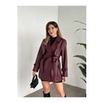 VESS MODA Kadın Bordo Suni Deri Kruvaze Yaka Kısa Trençkot