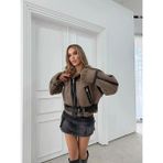 Vess Moda Kadın Kürk ve Kemer Detaylı Biker Crop Mont Kahve - Sütlü Kahverengi