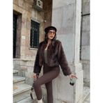 Vess Moda Tilki Desen Içi Astarlı Jakar Crop Kürk Mont - Koyu Kahverengi