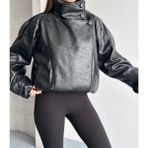 Vess Moda Zr Viral Oversize Urban Style Yüksek Yaka Kadın Deri Ceket - Siyah