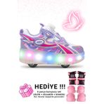 VestioStore Mor Pembe Çocuk Tekerlekli Işıklı Otomatik Bağcık Mekanizmalı Spor Ayakkabı Paten Kaykay Sneaker