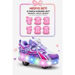 VestioStore Mor Pembe Çocuk Tekerlekli Işıklı Otomatik Bağcık Mekanizmalı Spor Ayakkabı Paten Kaykay Sneaker