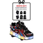 VestioStore Siyah Kırmızı Çocuk Tekerlekli Işıklı Otomatik Bağcık Mekanizmalı Spor Ayakkabı Paten Kaykay Sneaker