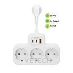 Vetech Akım Korumalı Grup Priz Duvar Tipi 3x Priz, 2x Type-C, 1x USB Port Çıkışlı Çoklu Priz