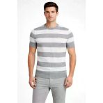Vexor Erkek T-Shirt Çizgili Triko Dokuma Bisiklet Yaka Tişört - Gri
