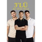 Vexor Erkek Triko Tişört Fermuar Yakalı Kısa Kol T-Shirt 3’Lü Set Bej-Beyaz-Siyah