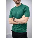 Vexor Erkek Yazlık Triko Dokuma Tişört Kısa Kol Bisiklet Yaka Örgü Desenli T-Shirt - Haki