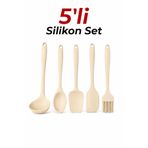 VİALEX Isıya Dayanıklı Yanmaz Yapışmaz Silikon Spatula Mutfak Seti 5 Parça Krem