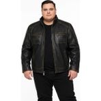 Viamod Leather Büyük Bedenerkek Siyah Hakim Yaka Deri Mont %100 Saf Deri Eskitme Görünümlü Fermuarlı Kışlık Ceket Petro - 5XL