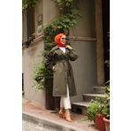 Vibeys Collection Haki İçi Çizgili Balon Kol Kadın Trençkot