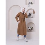 Vibeys Collection Taba Içi Çizgili ve Kendinden Astarlı Su Geçirmez Kadın Trençkot - Açık Taba - 46