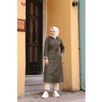 Vibeys Moda Haki İçi Çizgili Ve Kapüşonlu Su Geçirmez Büyük Beden Kadın Trençkot