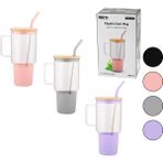 Vice Avm Cam 1000ML Matara - Suluk Bambu Kapak - Sızdırmaz Silikonlu Çelik Pipet Koruyucu Silikon Altlık - Kılıf (4915)