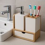 Vichy Bambu Tabanlı Plastik Banyo Seti – Sıvı Sabunluk, Diş Fırçalık Ve Çekmeceli Organizer Ur-3523 Beyaz