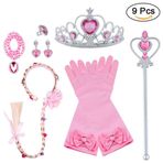 Vicloon Prenses kostüm aksesuarı, 9 parçalı set, kız çocuk elbisesi aksesuarı, 1 x çift ELSA eldiven, 1 x ELSA taç, 1 x sihirli değnek, 1 x kolye, 1 x yüzük, 2 x küpe ve 1 x örgü - pembe