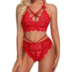 VicSec Bayan seksi iç çamaşırı seti, jartiyer kemerli, 3 parçalı sütyen + string tanga, dantelli destekli sütyen ve külot seti, çiçekli dantel gecelik Babydoll S-2XL, Kırmızı, M