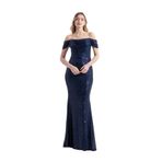Victoria | Payetli Şeffaf Askılı Maxi Balık Abiye Elbise Carmen Yaka Düşük Kol (Lacivert, XL)