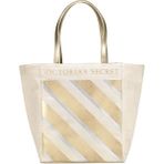 Victoria's Secret Vs Krem Gold Çizgi Desenli Kanvas Tote Omuz Çantası