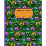 Video Game Composition Notebook: Wide Ruled Lined Paper Journal / Green Cover with Colorful Gamepads / Gift for Gamers, Kids, Teens, Students