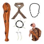VIDSTW 5'li Paket Tarih Öncesi Mağara Adamı Kostümleri Şişme Vahşi Aksesuarlı Fildişi Leopard Kafa Bandı, Bilezik, Kolye, Küpeler, Mağara Adam Çubuğu