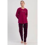 Vienetta Kadın Bordo Uzun Kollu Üst Baskılı Alt Ekose Desenli Pamuklu Pijama Takımı C6T3N1305 - XL