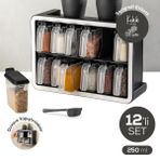 Vienev 250 ml Siyah Beyaz Serigrafi Etiketli 12'li Standlı Kendinden Yapışkanlı Kaşıklı Baharatlık Seti